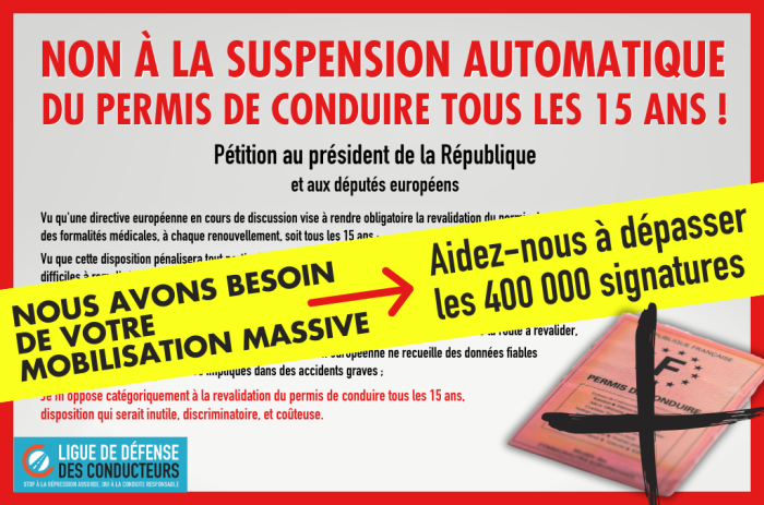 Ensemble, dépassons les 400 000 signatures à notre pétition contre la suspension automatique du permis de conduire tous les 15 ans